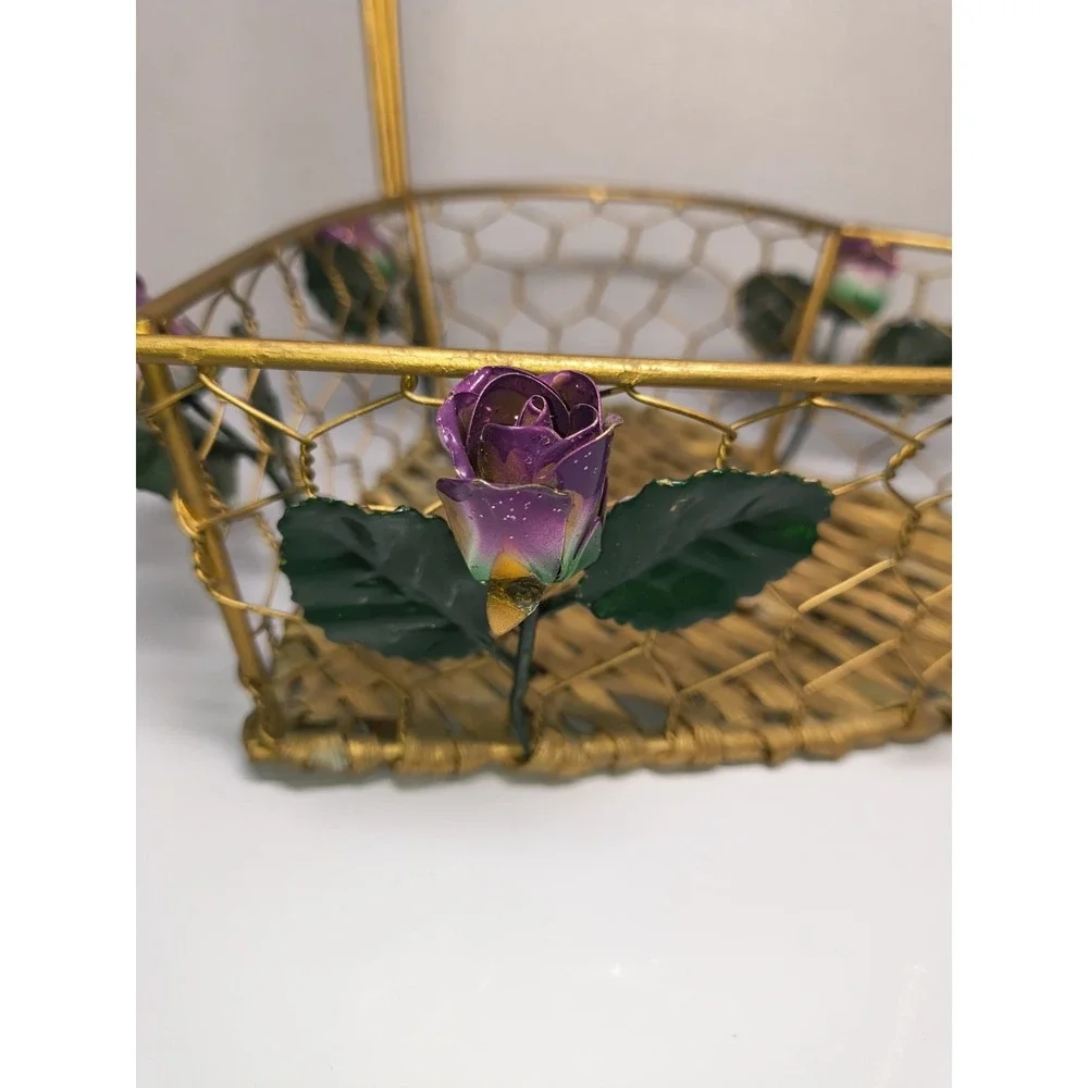 Gold Metal Heart Shaped Basket Purple Roses Wicker Bottom ~Display Storage Gift